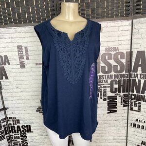 Grace Elements Plus XXL Navy Applique Detail Split Neck Cotton Sleeveless Top